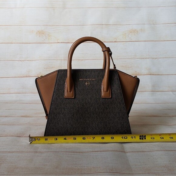 Michael Kors Signature Logo Avril Top Zip Satchel/Crossbody Handbag Small Brown - Picture 14 of 16